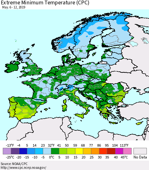 Europe Minimum Daily Temperature (CPC) Thematic Map For 5/6/2019 - 5/12/2019