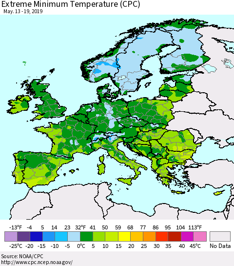 Europe Minimum Daily Temperature (CPC) Thematic Map For 5/13/2019 - 5/19/2019