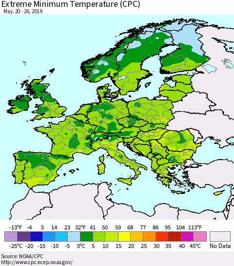 Europe Minimum Daily Temperature (CPC) Thematic Map For 5/20/2019 - 5/26/2019