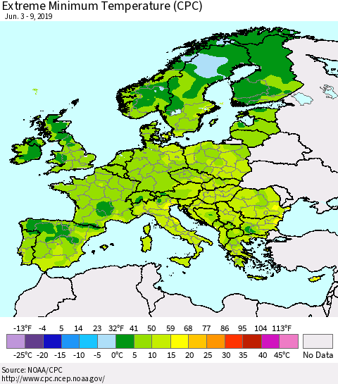 Europe Minimum Daily Temperature (CPC) Thematic Map For 6/3/2019 - 6/9/2019