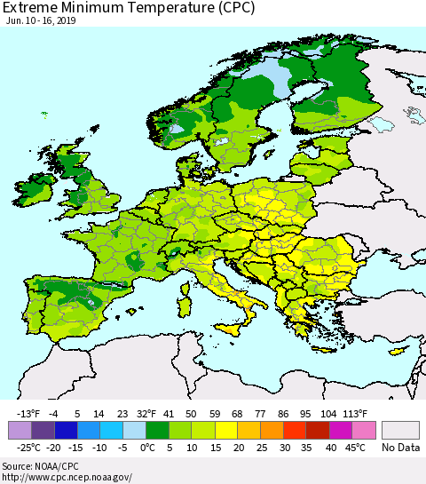 Europe Minimum Daily Temperature (CPC) Thematic Map For 6/10/2019 - 6/16/2019