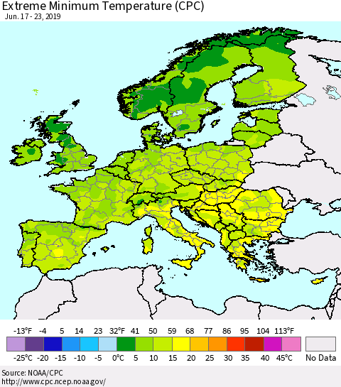 Europe Minimum Daily Temperature (CPC) Thematic Map For 6/17/2019 - 6/23/2019
