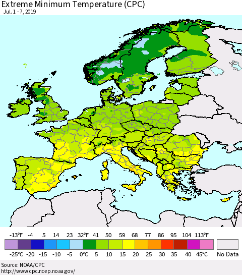 Europe Minimum Daily Temperature (CPC) Thematic Map For 7/1/2019 - 7/7/2019