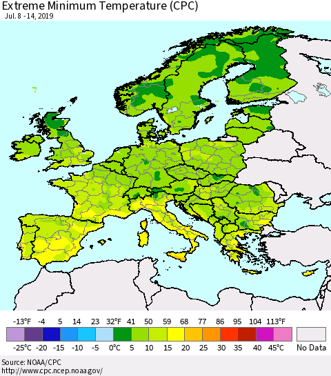 Europe Minimum Daily Temperature (CPC) Thematic Map For 7/8/2019 - 7/14/2019