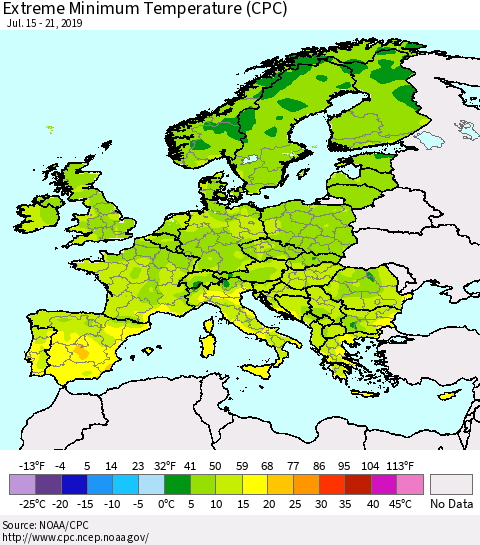 Europe Minimum Daily Temperature (CPC) Thematic Map For 7/15/2019 - 7/21/2019