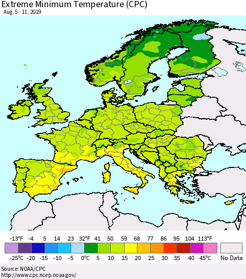 Europe Minimum Daily Temperature (CPC) Thematic Map For 8/5/2019 - 8/11/2019