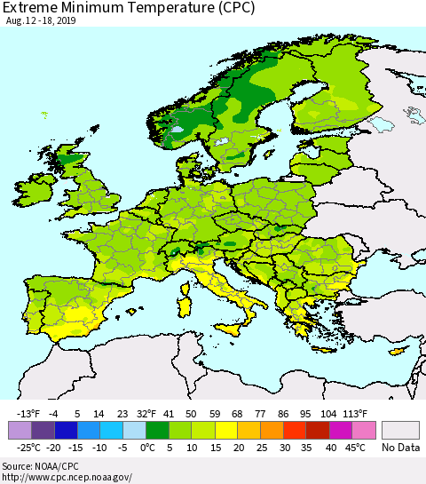 Europe Minimum Daily Temperature (CPC) Thematic Map For 8/12/2019 - 8/18/2019