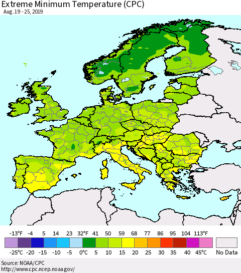 Europe Minimum Daily Temperature (CPC) Thematic Map For 8/19/2019 - 8/25/2019