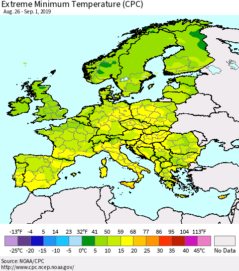Europe Minimum Daily Temperature (CPC) Thematic Map For 8/26/2019 - 9/1/2019