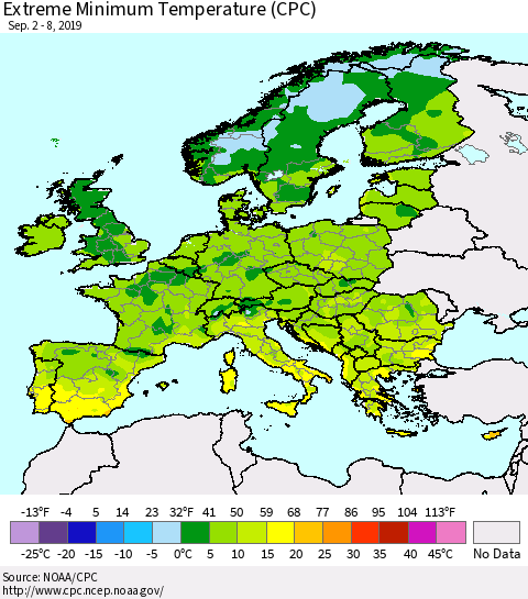 Europe Minimum Daily Temperature (CPC) Thematic Map For 9/2/2019 - 9/8/2019