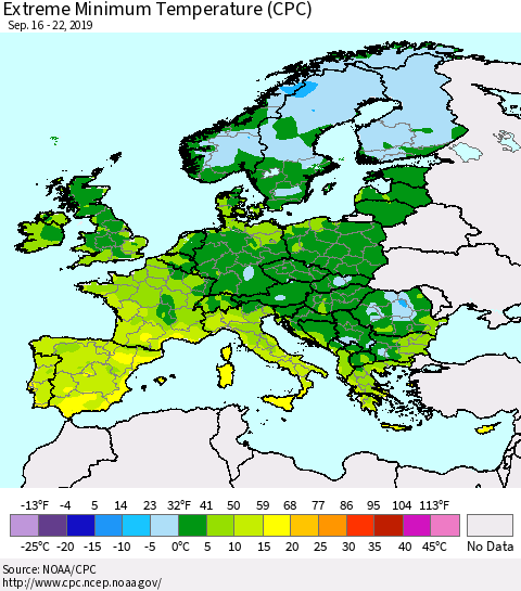 Europe Minimum Daily Temperature (CPC) Thematic Map For 9/16/2019 - 9/22/2019