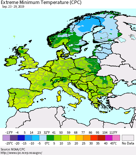 Europe Minimum Daily Temperature (CPC) Thematic Map For 9/23/2019 - 9/29/2019