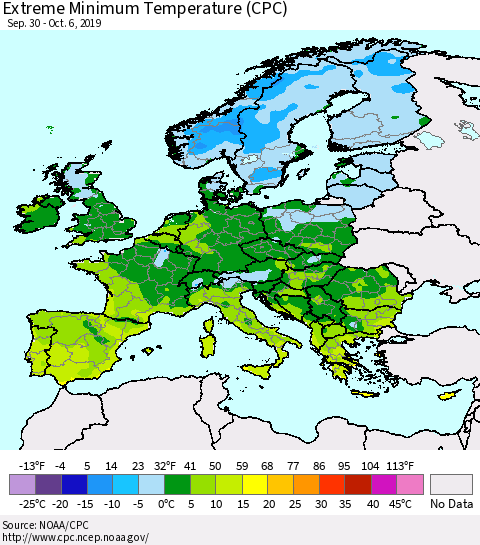 Europe Minimum Daily Temperature (CPC) Thematic Map For 9/30/2019 - 10/6/2019
