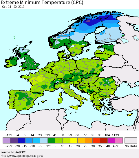 Europe Minimum Daily Temperature (CPC) Thematic Map For 10/14/2019 - 10/20/2019