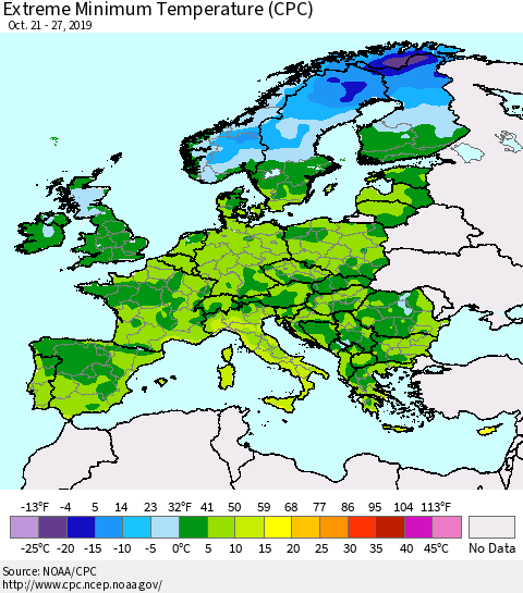 Europe Minimum Daily Temperature (CPC) Thematic Map For 10/21/2019 - 10/27/2019