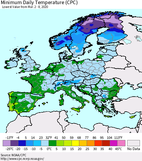 Europe Minimum Daily Temperature (CPC) Thematic Map For 3/2/2020 - 3/8/2020