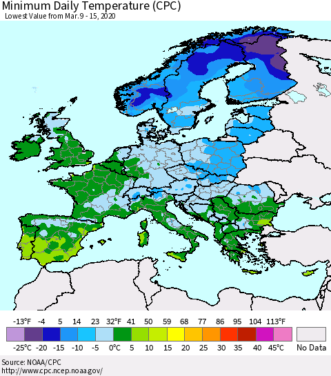 Europe Minimum Daily Temperature (CPC) Thematic Map For 3/9/2020 - 3/15/2020