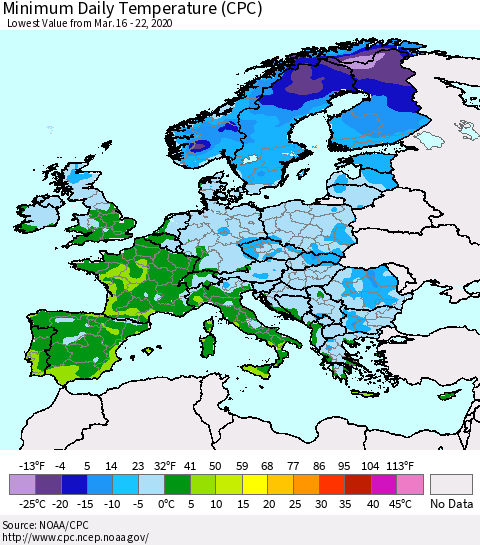 Europe Minimum Daily Temperature (CPC) Thematic Map For 3/16/2020 - 3/22/2020
