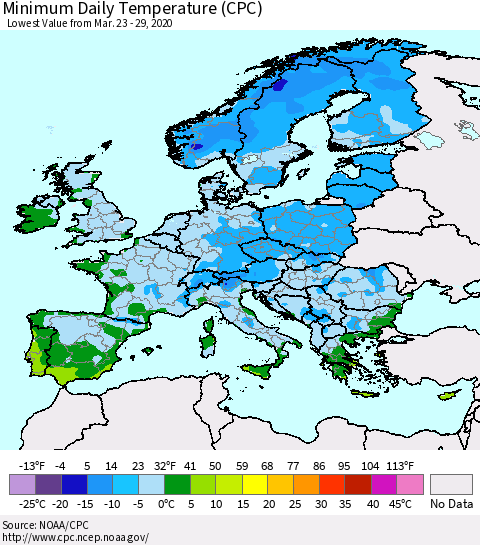 Europe Minimum Daily Temperature (CPC) Thematic Map For 3/23/2020 - 3/29/2020