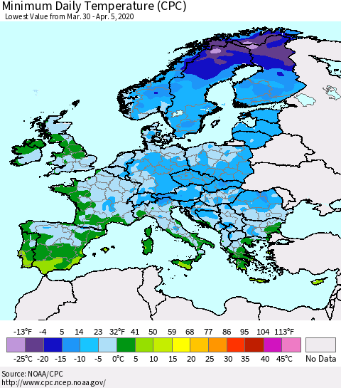 Europe Minimum Daily Temperature (CPC) Thematic Map For 3/30/2020 - 4/5/2020