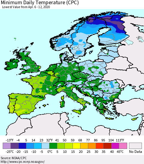 Europe Minimum Daily Temperature (CPC) Thematic Map For 4/6/2020 - 4/12/2020