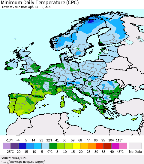 Europe Minimum Daily Temperature (CPC) Thematic Map For 4/13/2020 - 4/19/2020
