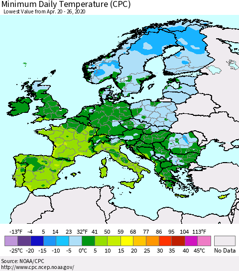 Europe Minimum Daily Temperature (CPC) Thematic Map For 4/20/2020 - 4/26/2020