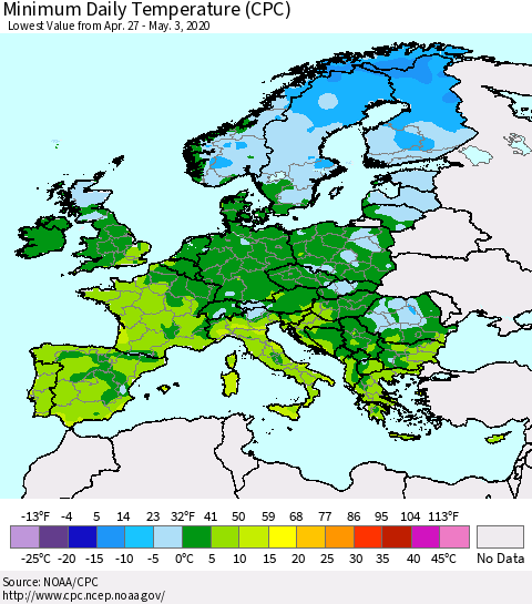 Europe Minimum Daily Temperature (CPC) Thematic Map For 4/27/2020 - 5/3/2020