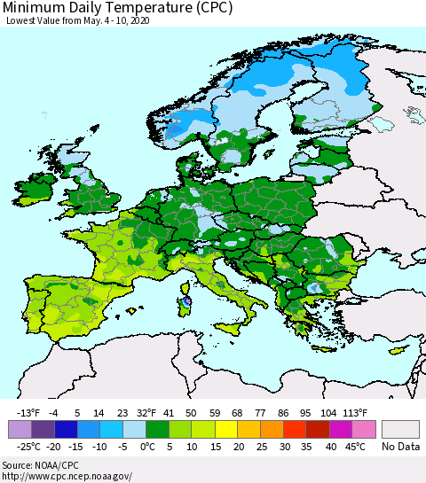 Europe Minimum Daily Temperature (CPC) Thematic Map For 5/4/2020 - 5/10/2020