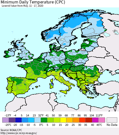 Europe Minimum Daily Temperature (CPC) Thematic Map For 5/11/2020 - 5/17/2020