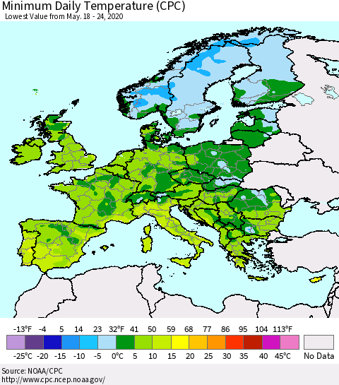 Europe Minimum Daily Temperature (CPC) Thematic Map For 5/18/2020 - 5/24/2020
