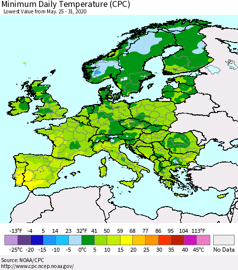 Europe Minimum Daily Temperature (CPC) Thematic Map For 5/25/2020 - 5/31/2020