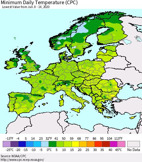 Europe Minimum Daily Temperature (CPC) Thematic Map For 6/8/2020 - 6/14/2020