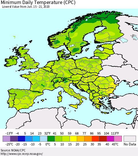 Europe Minimum Daily Temperature (CPC) Thematic Map For 6/15/2020 - 6/21/2020