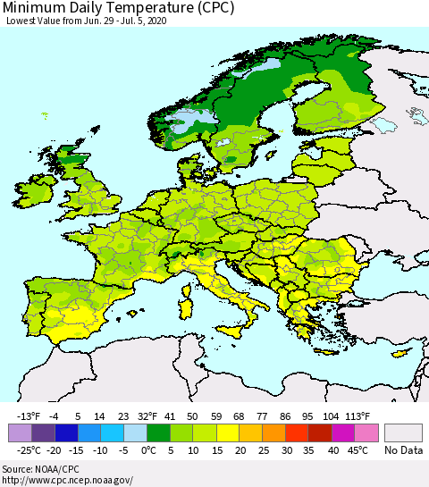 Europe Minimum Daily Temperature (CPC) Thematic Map For 6/29/2020 - 7/5/2020