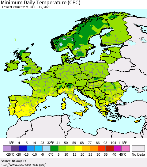 Europe Minimum Daily Temperature (CPC) Thematic Map For 7/6/2020 - 7/12/2020
