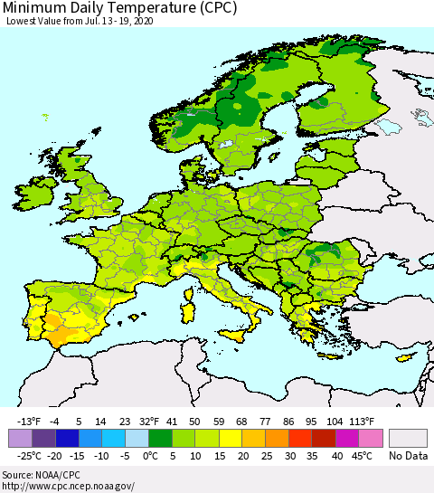Europe Minimum Daily Temperature (CPC) Thematic Map For 7/13/2020 - 7/19/2020