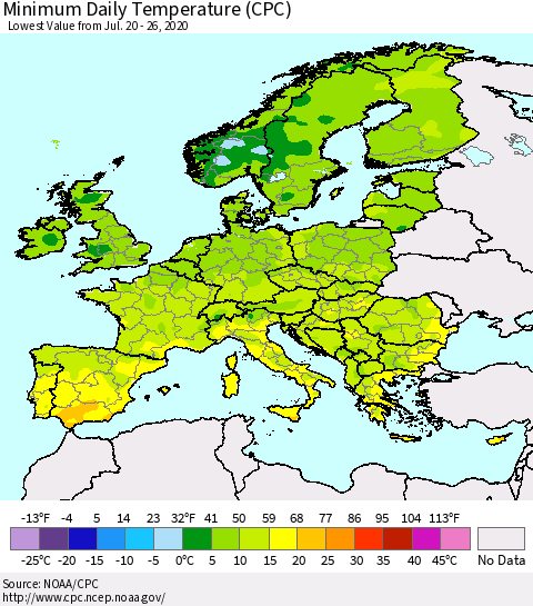 Europe Minimum Daily Temperature (CPC) Thematic Map For 7/20/2020 - 7/26/2020