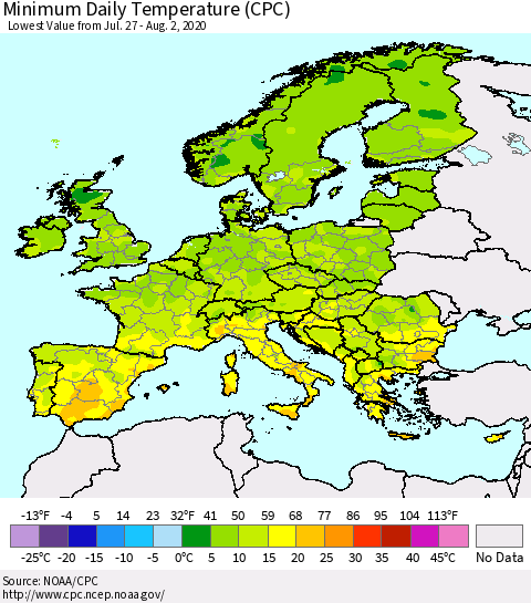 Europe Minimum Daily Temperature (CPC) Thematic Map For 7/27/2020 - 8/2/2020