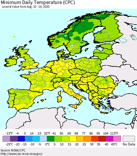 Europe Minimum Daily Temperature (CPC) Thematic Map For 8/10/2020 - 8/16/2020
