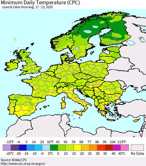 Europe Minimum Daily Temperature (CPC) Thematic Map For 8/17/2020 - 8/23/2020