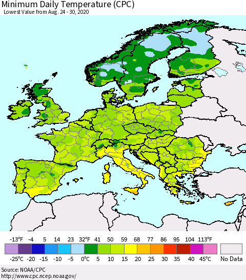 Europe Minimum Daily Temperature (CPC) Thematic Map For 8/24/2020 - 8/30/2020