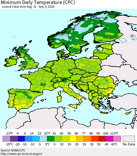 Europe Minimum Daily Temperature (CPC) Thematic Map For 8/31/2020 - 9/6/2020