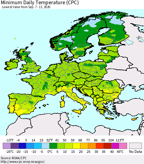 Europe Minimum Daily Temperature (CPC) Thematic Map For 9/7/2020 - 9/13/2020