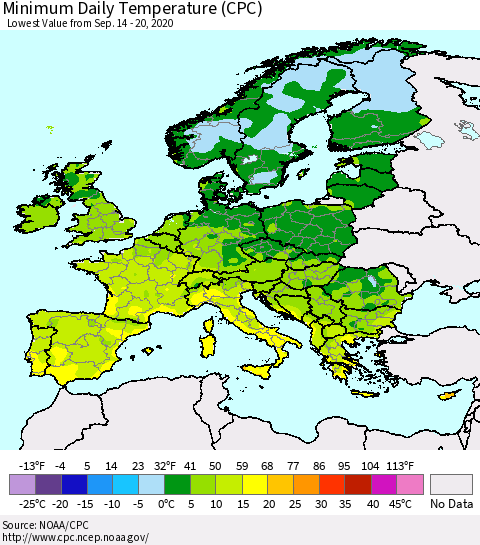Europe Minimum Daily Temperature (CPC) Thematic Map For 9/14/2020 - 9/20/2020