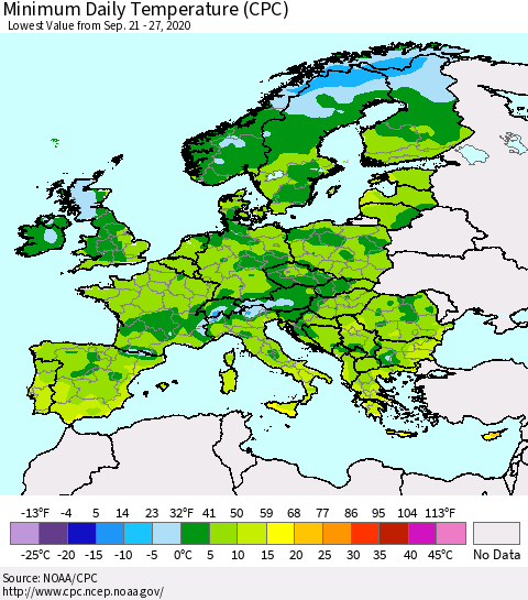 Europe Minimum Daily Temperature (CPC) Thematic Map For 9/21/2020 - 9/27/2020
