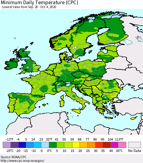 Europe Minimum Daily Temperature (CPC) Thematic Map For 9/28/2020 - 10/4/2020