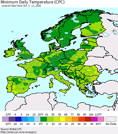 Europe Minimum Daily Temperature (CPC) Thematic Map For 10/5/2020 - 10/11/2020