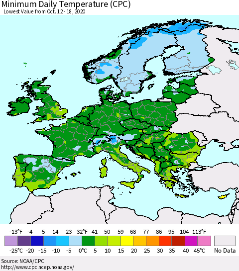 Europe Minimum Daily Temperature (CPC) Thematic Map For 10/12/2020 - 10/18/2020