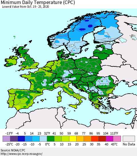 Europe Minimum Daily Temperature (CPC) Thematic Map For 10/19/2020 - 10/25/2020